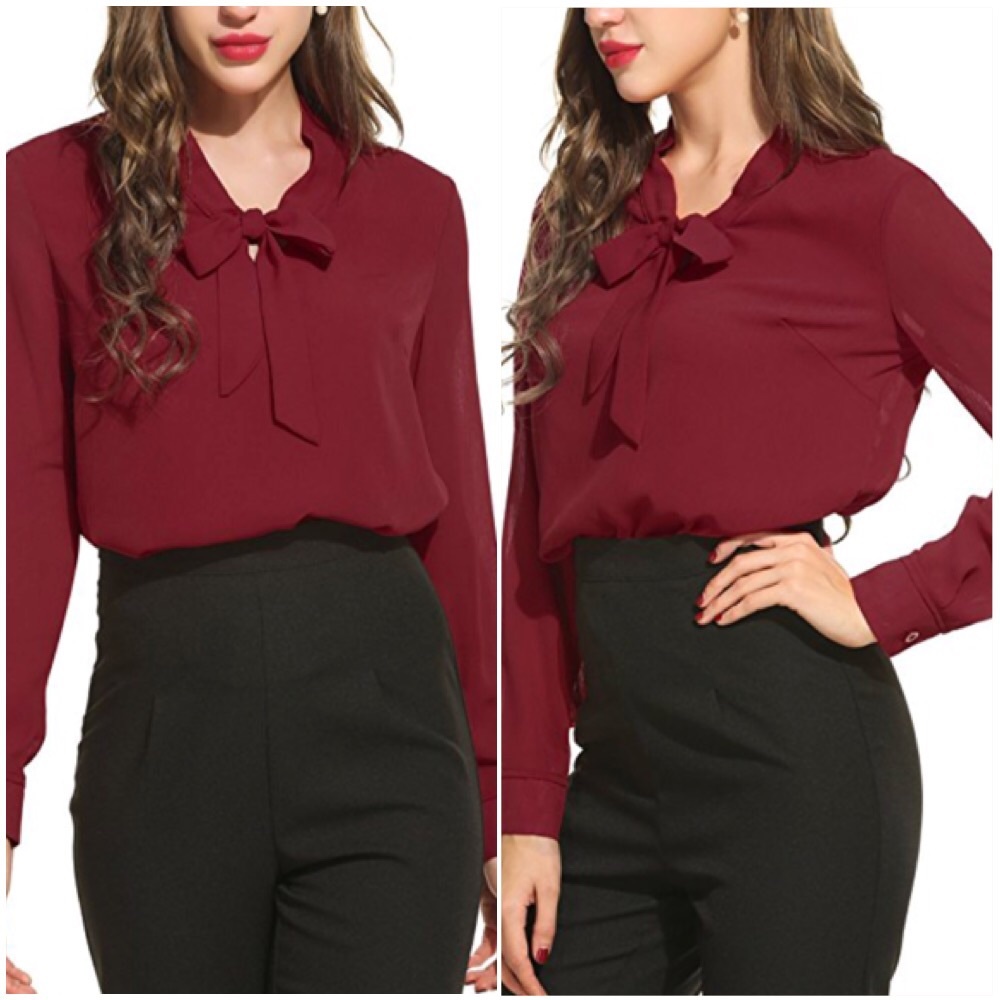 Red Bow Tie Neck Long Sleeve Blouse
